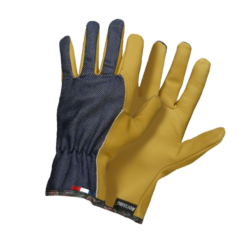 Gants de jardin surcyclés : cuir/jean, T. 9