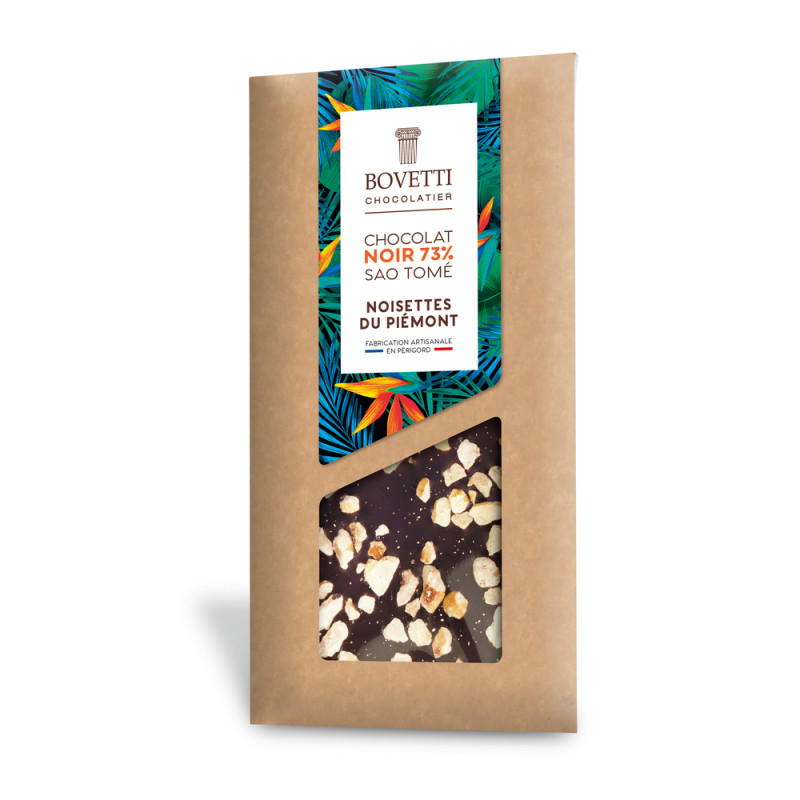 Tablette de chocolat noir 73% Sao Tomé, noisettes