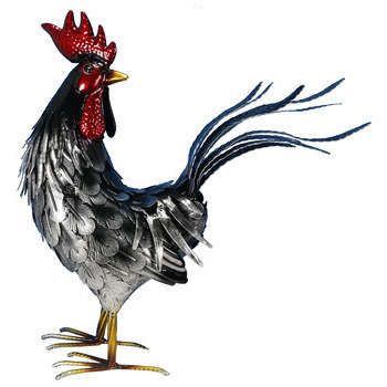 Coq en métal argenté et rouge - 45x16x48 cm