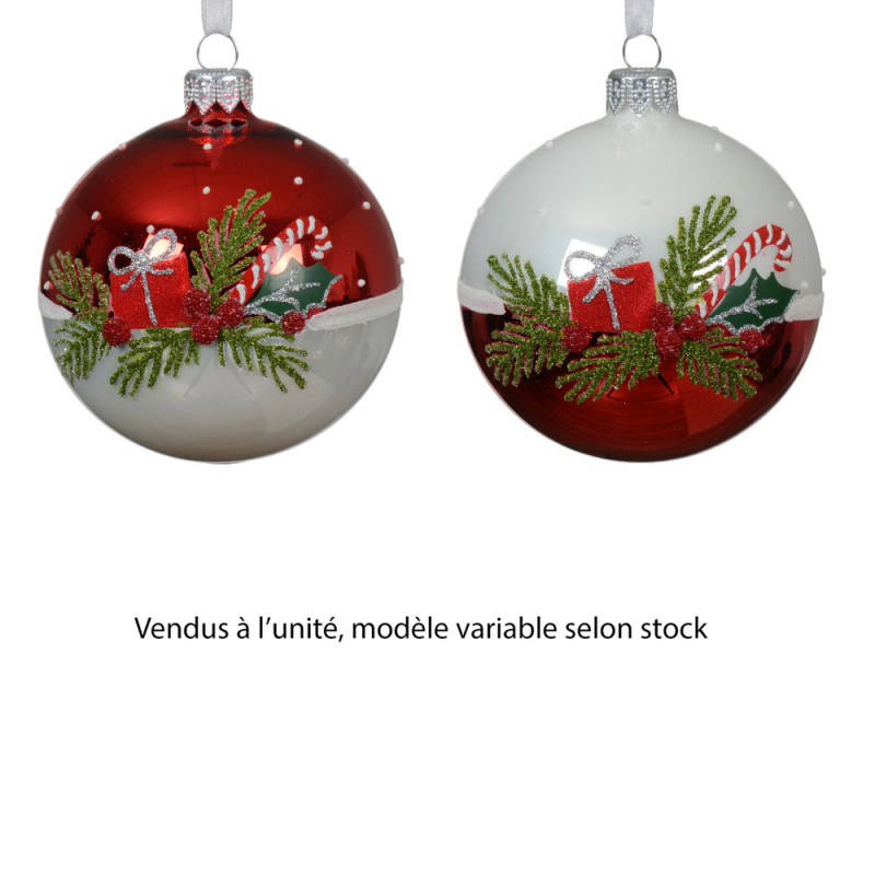 Boule de Noël en verre : motif houx, coloris blanc