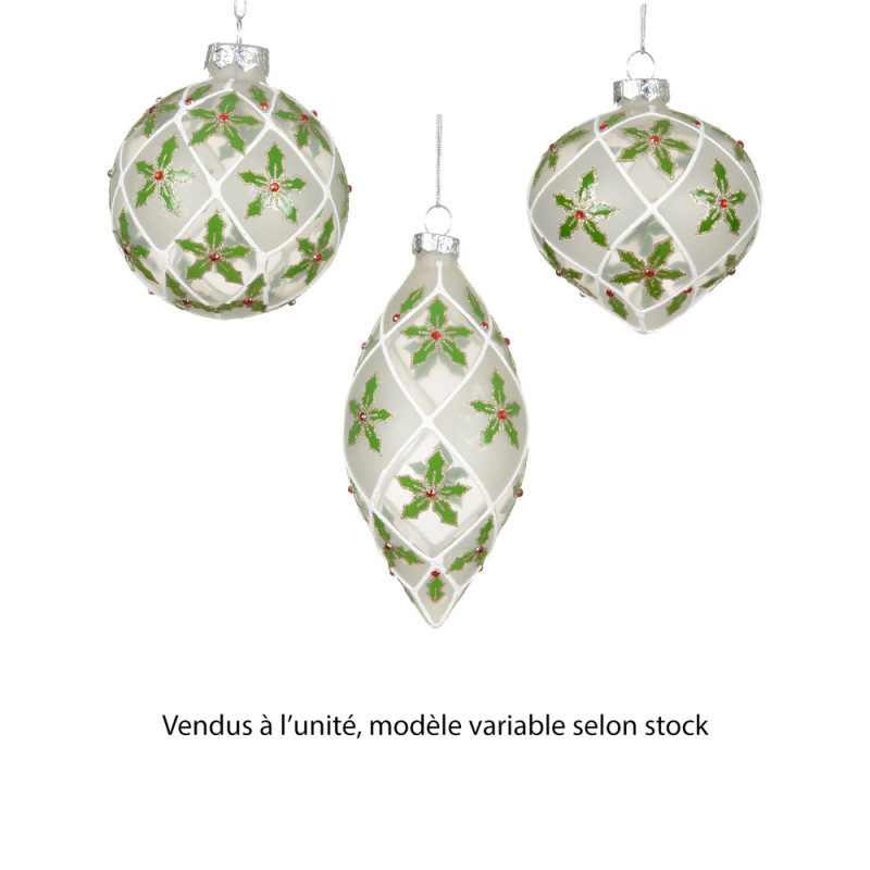 Suspension de Noël en verre : motifs houx, coloris