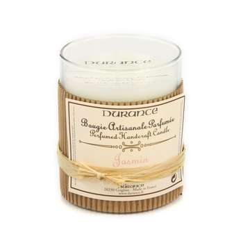 Bougie parfumée:verre/raphia 180g jasmin