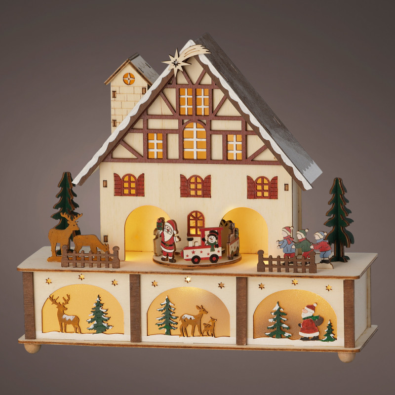 Maison bois 6 led multicolor blanc chaud h24cm