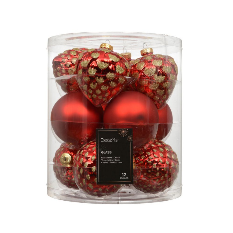 Assortiment 12 boules de Noël en verre, coloris ro