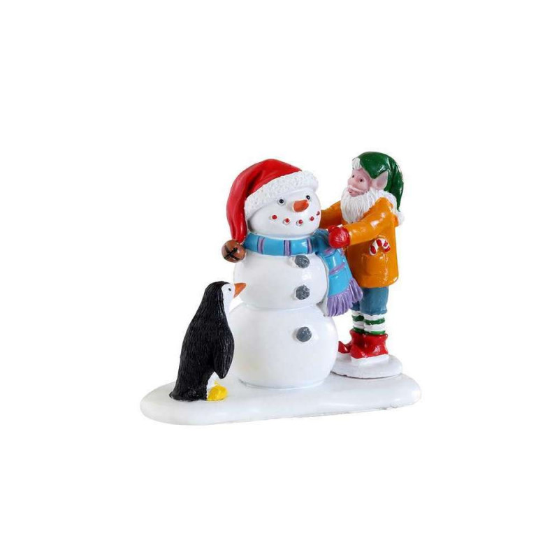 Figurine : Elfe et pingouin fabriquant un bonhomme